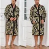 Men's Sleepwear Spring Summer Men Robe Black Print V-Neck Kimono Bathrobe Gown With Belt Loose Casual Silk Satin Home Wear Nightwear