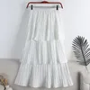 Skirts Tiered Pleated Long Skirt For Women Korean Casual Solid All-match A Line High Waist Mid-length Female White Black