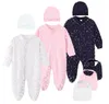 3 Pcs Ensembles Pour Bébé Marque Barboteuses Lettres Imprimé Nouveau-Né À Manches Longues Combinaisons Avec Bavoirs Chapeaux Printemps Automne Toddler Onesies Infant One-Piece Enfants Vêtements