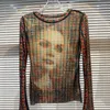 レディースTシャツネットレッド2023夏の日焼け止め長袖Tシャツ女性用スリムスキニートップモザイク抽象キャラクターパターン