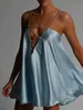 Ny dubbelskiktad siden Satin Kvinnors sommarklänningar 2022 Chic Diamonds rand Backless Vacation Party Outfits Wear