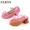 Sneakers ULKNN Princess Kids Leather Shoes For Girls Flower Casual Glitter Children High Heel Butterfly Knot Blue Pink Silver 230525