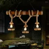 Lampes suspendues corde rétro américaine avec lustre en tube de bambou trois ampoules LED E27 Droplights pour restaurant bar café pastorale