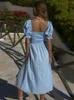 Mulher Fashion Square Collar Summer Dress Long Dress Chic Short Puff Sleeve Pleated Maxi Dress Dress Beach Férias roupas Roupas