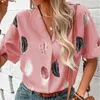 Kvinnors blusar Summer Boho Loose Shirts Women's Vintage Plume Print Button Down Pullover Tops V Neck Business Short Sleeve Blusas Mujer