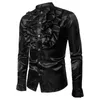 Men's Dress Shirts Men Vintage Satin Ruffle Long Sleeve Stand Collar Solid Color Slim Fit Shirt Business Party Tops