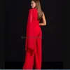 Chic röd jumpsuit prom klänning med pärlor 2023 en axel boho byxa formell kväll kostym elegant satin koreanska fest klänningar ny mantel de soiree vestido de noche damer