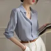 Blouses Blouses Blue Striped Button Up -shirt Women 2023 Spring Fashion Silk Lange Mouw Rapel Loose Blouse Top Office Lady Elegant formeel