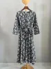 Casual Dresses Women Mid Calf Dress Three Quarter Sleeve Geometric Printing Lace-Up Robe Pockets Cotton Vintage Spring 2023