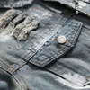 Gat gescheurd heren denim jasje jeans 2-delige set retro blauw geborduurde badge jas met lange mouwen en stretchbroek slim fit streetwear333O