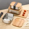 Dinnerware Sets 304 Stainless Steel Bento Box With Bamboo Wooden Lid Lunch Japanese Style Sandwish Snack Spoon Fork Knife For Kids Adult