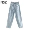 Women's Jeans NSZ Women Moms High Elastic Waist Paper Bag Pants Loose Wide Leg Boyfriend Denim Baggy Trousers Street Wear