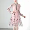 Casual Dresses Designer Summer Pink Mesh A-Line Midi Dress 2023 Women's Long Sleeve Flowers Brodery Fashion Holiday Party Robe