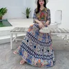 Women Vintage Print Long Dress 2023 Summer Sexy V Neck Short Sleeve A-line Dress Female Elegant Elastic Waist Maxi Dresess Robe