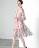 Casual Dresses Designer Summer Pink Mesh A-Line Midi Dress 2023 Women's Long Sleeve Flowers Brodery Fashion Holiday Party Robe