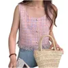 Women summer tweed woolen single breasted sleeveless tassel tanks short camis