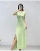 Basic & Casual Dresse Wholesale of New Maje Green Open Back Lace up Short Sleeve Single Side Split Knitted Dress