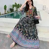 Women Vintage Print Long Dress 2023 Summer Sexy V Neck Short Sleeve A-line Dress Female Elegant Elastic Waist Maxi Dresess Robe