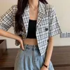 Damespakken Vintage Plaid Cropted Blazers Women 2023 Zomer Dunne korte mouw met dubbele borte jas Koreaans gekotte nek Casual