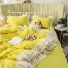 Ensembles de literie jaune blanc gris rose coton princesse fille ensemble Double couche dentelle bord housse de couette drap de lit jupe taies d'oreiller