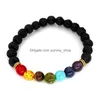 Cuentas 7 Chakra Pulsera curativa 8Mm Piedra de lava natural Grano de ojo de tigre para mujeres Hombres Moda Yoga Joyería al por mayor Sujetador de entrega de gota Dhj6Q