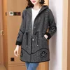 Women's Jackets Autumn Winter Coat Jacket Mid-Length Houndstooth Women Woolen Diamond-Studded Knit Cardigan Outerwear Mother Dress