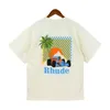 디자이너 패션 의류 티 Tshirt American Rhude Coconut Tree Letter 인쇄 캐주얼 커플 틈새 틈새 디자인 느슨