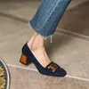 Kleid Schuhe Metall Dekoration Europäischen Stil 5 cm Med Heels Quadratische Zehe Reife Dame Mode Slip On Blau Kamel Gemütliche Frauen Pumps