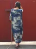 Sukienki imprezowe bawełniany lniany vintage farba pinta na pół rękawu Sukienka z umyciem plus luźne rozmiary oryginalne jesień kobiety niebieskie białe szatę barwnika