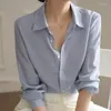 Blouses Blouses Blue Striped Button Up -shirt Women 2023 Spring Fashion Silk Lange Mouw Rapel Loose Blouse Top Office Lady Elegant formeel