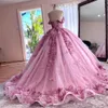 Nya rosa quinceanera klänningar 3D -applikationer Beading paljett älskling handgjorda blomma bollklänningar vestidos de 15 anos