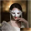 Party Mask MJ0017 Masked Ball White Feather Spets Princess Eye Half Face y Goddess Rhinestone Tassel Drop Delivery Events Supp Dh3HW