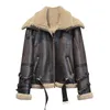 Kvinnor läder faux motorcykel lamm päls shearling kappa kvinnor vinter fårskinn jacka kvinna dubbel krage brun utomhus real