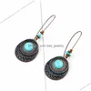 Charme Arrivée Vintage Creux Boucles D'oreilles Antique Rond Bleu Pierre Pendentif Émail Fleur Dangle Bijoux Pour Femmes Drop Delivery Dhpsz