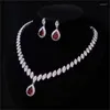 Necklace Earrings Set Grand Water Drop Zircon Bridal Red Gem Wedding Dress Accessories Banquet Jewelry