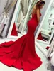 Sexig röd sjöjungfru aftonklänningar formell prom party klänning axelfri golvlängd svep tåg satin lång rygglös plus storlek anpassad