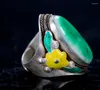 Cluster Rings Selling Natural China Old Handwork Cloisonne Tibetan Silver Inlay Green Jade Ring For Women Men Fashion Accessories