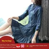 Party Dresses Women Denim Dress Half Sleeve Cowboy A-line Ruffled Stand Collar Vintage Short Mini Jeans Casaul Boho Cotton Blue