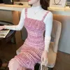 Work Dresses 2023 Autumn Winter Pink Sling Tweed Tassel Dress Slim Knit Bottoming Sweater Fashion Two-Piece Suit/Sets