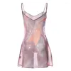 Robes décontractées Y2K Tie Dye Print Cami Dress Sexy Mesh Sheer See Through V Neck Split Mini Women Club Party Night Wrap Bodycon Clothes