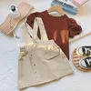 Kläder set barnkläder flickor 2023 sommar koreansk bomull söt kostym baby puff hylsa t-shirt rem kort kjol tvådelar