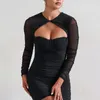Mini abito sexy con increspature scavate per le donne Abito corto da festa sexy aderente con maniche lunghe a due strati in rete
