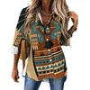 Damenblusen, Native Aztec Print, lockere Oberteile, V-Ausschnitt, elegant, langärmlig, Herbst, Damen, Alltag, lässiges Design, Druckhemd