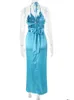 Girls Fashion Streetwear Summer Rave Outfits Clothes New Halter Vacation Beachwear Gown Silk Satin Blue Long Dresses