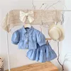 Completi di abbigliamento Moda per bambini Vestiti per ragazza 2-7 anni Toddler Kids Manicotto a sbuffo Top in denim Gonna a vita elastica 2 pezzi Abiti Set estivo