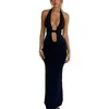 Casual Dresses HEZIOWYUN Women Long Bodycon Dress Solid Color Tie-Up Halter Neck Deep V-Neck Sleeveless Summer Party Club Backless Vestido