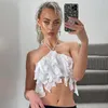 Women's Tanks Summer White Shirt Crop Top Women Clothing Halter Neck Tank Ruffle Vest Camisole Backless Tassel Fringe Tie Up Bustier