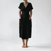 Casual jurken Solid V-Neck Short Sleeve Dress Sexy For Women Plus Size Pocket Split Split Strap 2023 Kleding