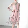 Casual Dresses Designer Summer Pink Mesh A-Line Midi Dress 2023 Women's Long Sleeve Flowers Brodery Fashion Holiday Party Robe