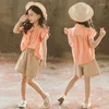 Clothing Sets 2023 Teenager Summer Kids Girls Clothes Flying Sleeve Blouse Shirt Short Leisure Loose Pants Teens 7 8 9 11 12 13 14 Years